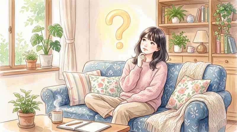 考え込む女性、頭上にクエスチョンマークのイメージ