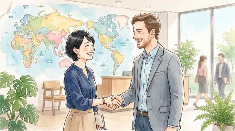 海外の技術者と握手するビジネスシーンのイメージ