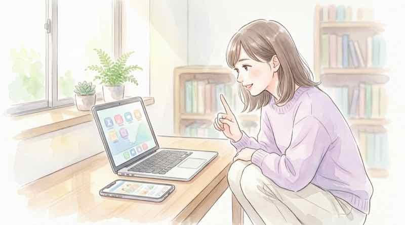スマートフォンとパソコンが並ぶデスク、テクノロジーのイメージ