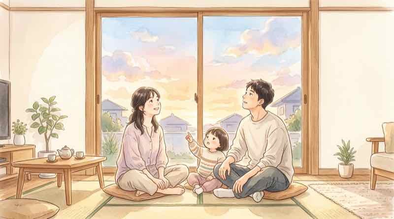 家族で将来を語り合う温かいリビングのイメージ
