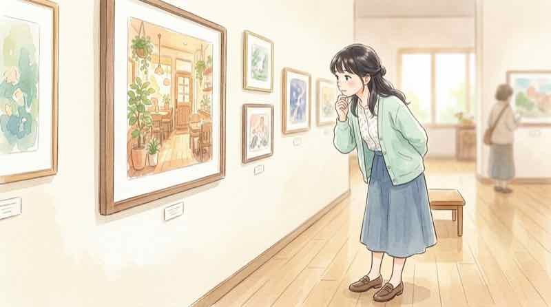 少女漫画インフィニティの原画展示室で作品に見入る来場者