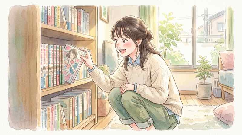 少女漫画インフィニティの予習用コミックを本棚から選ぶ女性