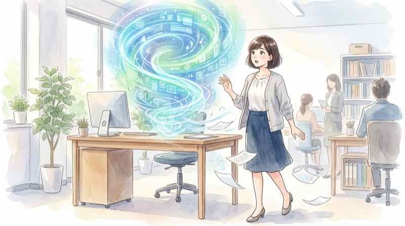 商社 AI 仕事なくなる不安を抱く若手ビジネスパーソンのイメージ