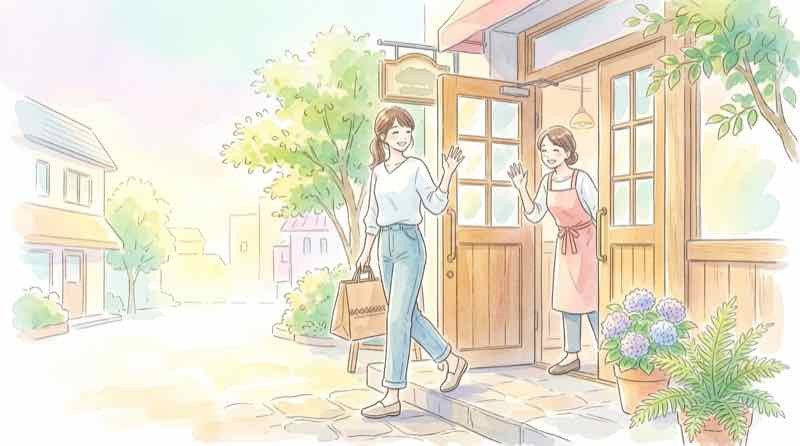 ガストの店舗前でテイクアウトの袋を受け取る様子