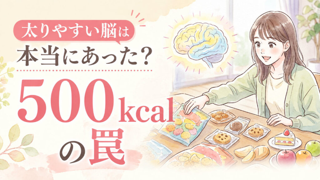 太りやすい脳の違いを示す食べ物と脳のイラスト