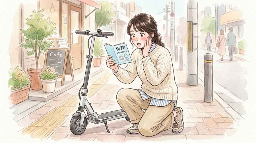 特定小型原付の任意保険が必要か悩む女性と電動キックボードのイメージ