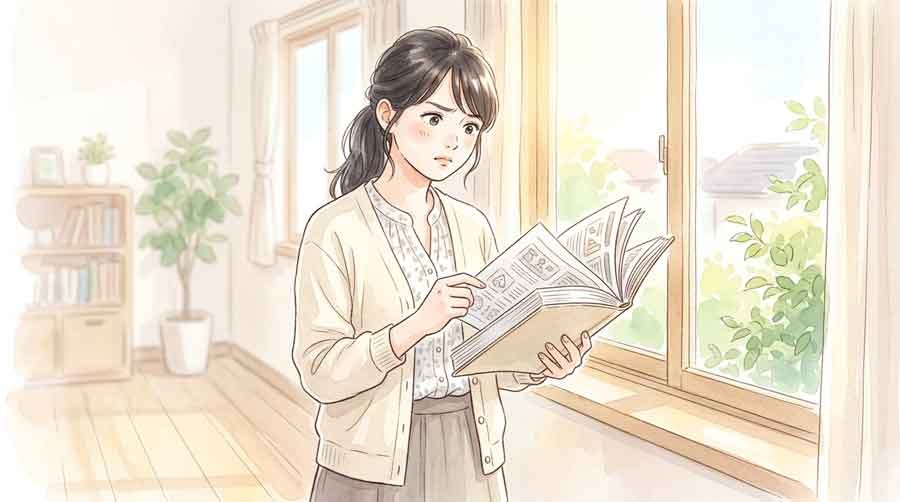自転車保険の約款を確認して困惑する様子のイメージ