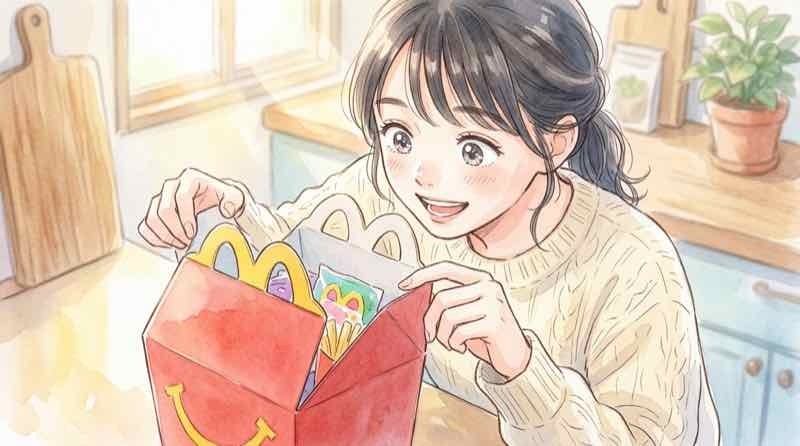 マクドナルド ポケモン識別番号を確認する女性とハッピーセットの箱
