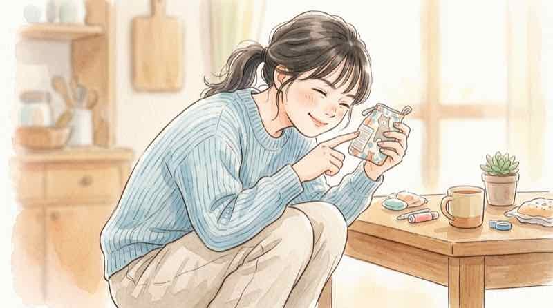 ハッピーセットの箱と識別番号を指差す女性の手元