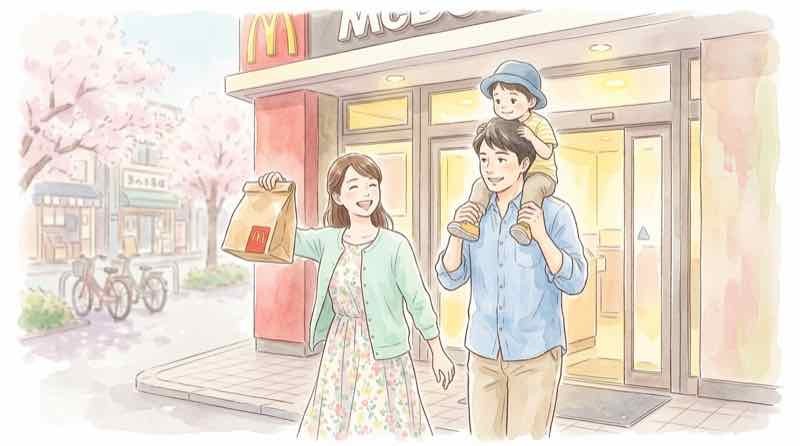マクドナルドの店頭でハッピーセットを受け取る家族連れ