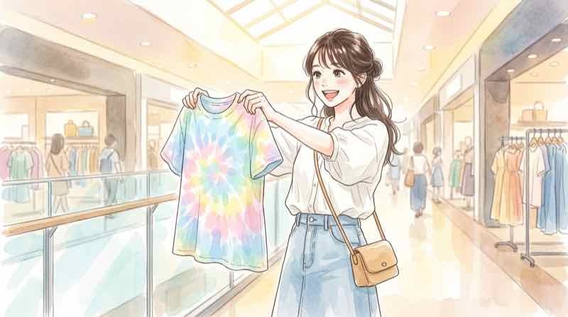 24時間テレビ2026チャリTシャツを手に取って喜ぶ女性のイラスト