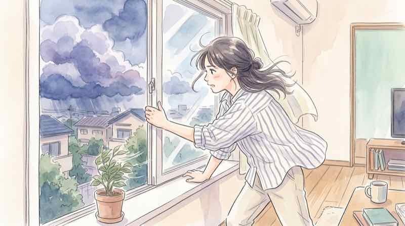 台風15号がいつ来るか窓の外を心配そうに見上げる女性
