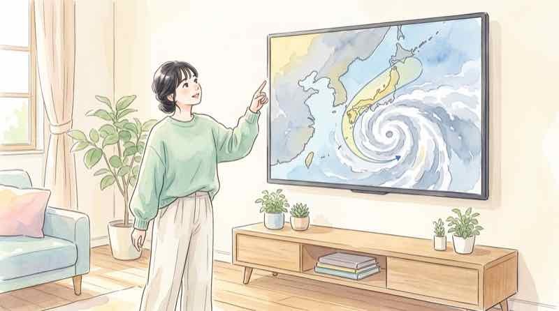 台風15号の進路と上陸予測を示す地図を見つめる女性