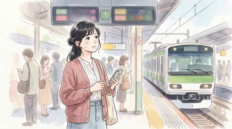 新幹線の運休情報を駅の掲示板で確認する女性