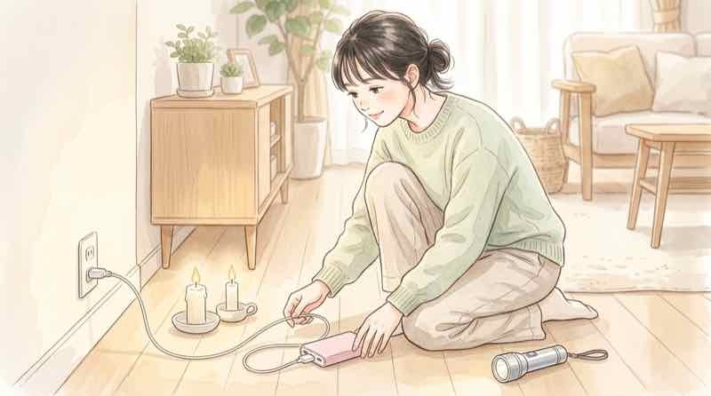 停電に備えてモバイルバッテリーを充電する女性