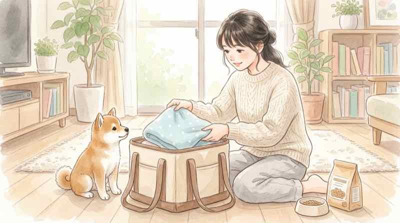 ペットのケージを準備して避難の準備をする女性