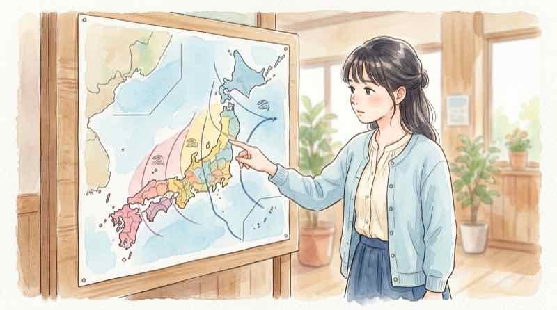 地域ごとの台風接近タイミングを地図で確認する女性