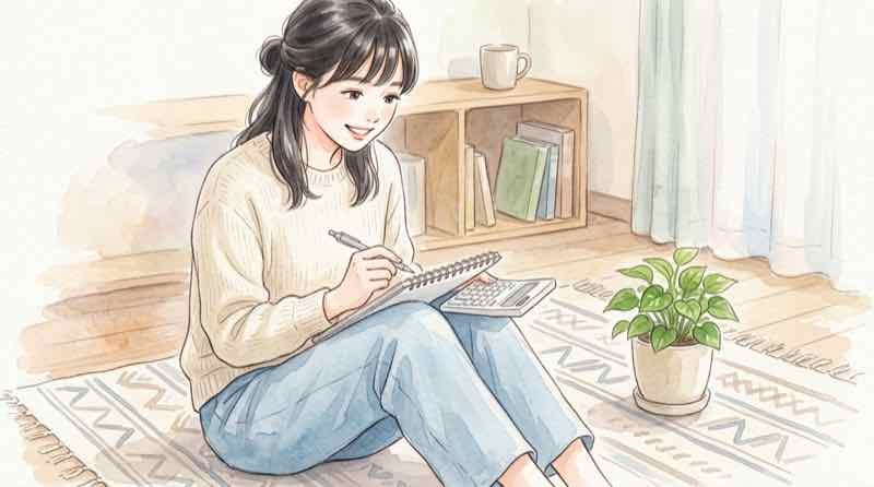 ウゴービの薬価と自己負担額を電卓で計算する女性のイラスト
