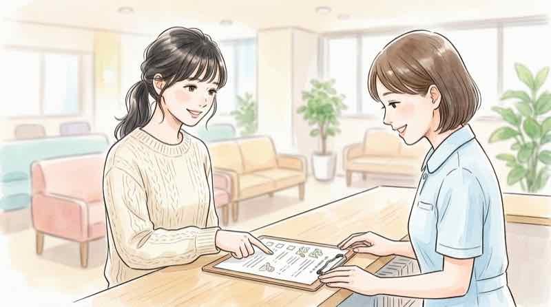 ウゴービの保険適用条件を病院の窓口で確認する様子のイラスト