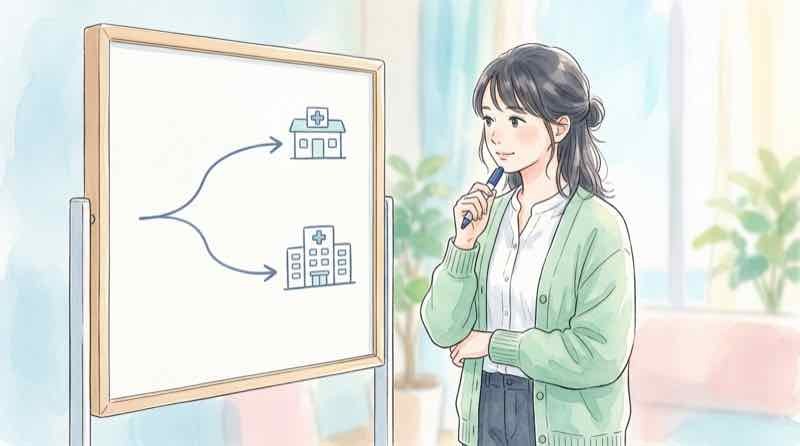 美容目的の自由診療と肥満症の保険診療の違いを見分ける女性のイラスト