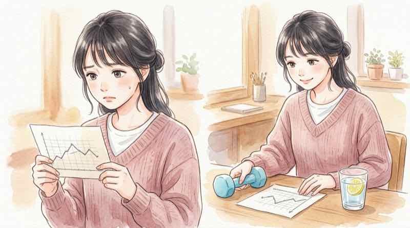 ウゴービ中止後のリバウンドを心配する女性のイラスト