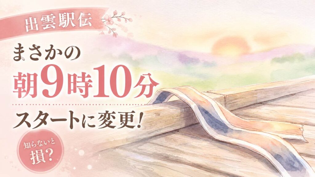 出雲駅伝2026のスタート時間変更を知って驚く女性のイラスト