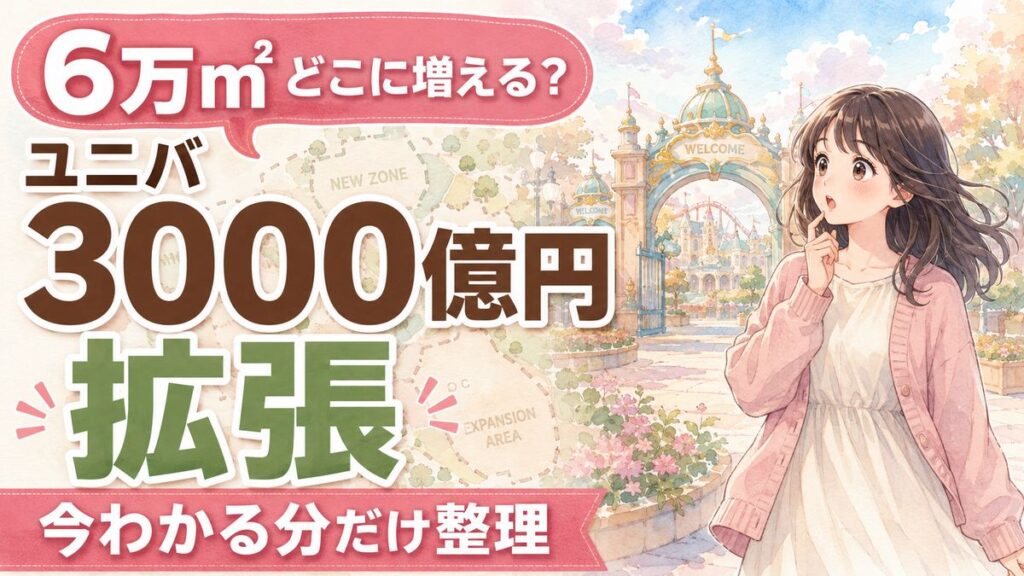ユニバ 拡張 どこ 6万㎡の場所と新エリアの疑問を整理して笑顔で振り返る女性のイラスト