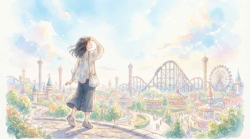 ユニバ 拡張 どこ 大阪のテーマパーク上空を見上げて驚く女性のイラスト