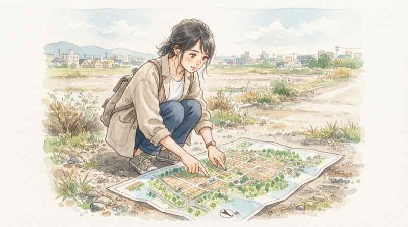 USJ 日本製鉄 跡地 パーク北側の広い工場跡地を地図で確認する女性のイラスト