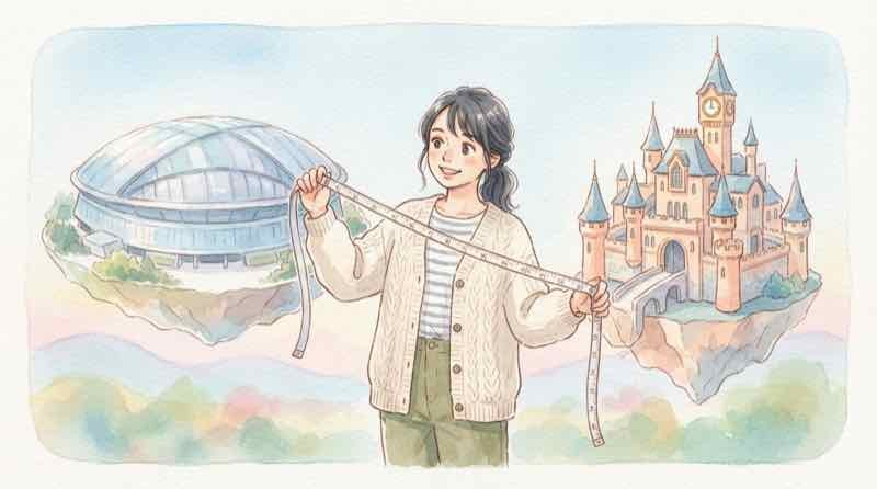 ユニバ 拡張 6万平方メートル 東京ドームやマリオエリアと広さを比べる女性のイラスト