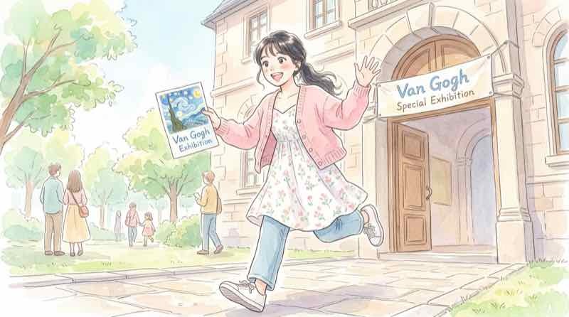 大ゴッホ展 第2期の会場前でチラシを見て驚く女性