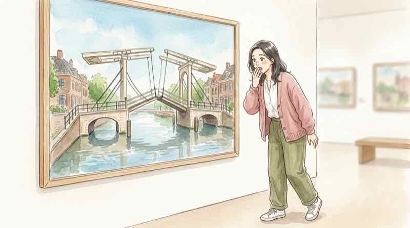 約70年ぶりに来日するアルルの跳ね橋を鑑賞する女性