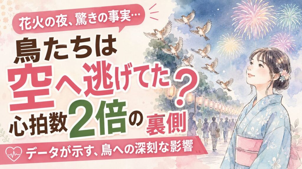 花火 鳥 夜空を見上げる女性と一斉に飛び立つ鳥の群れのシルエット