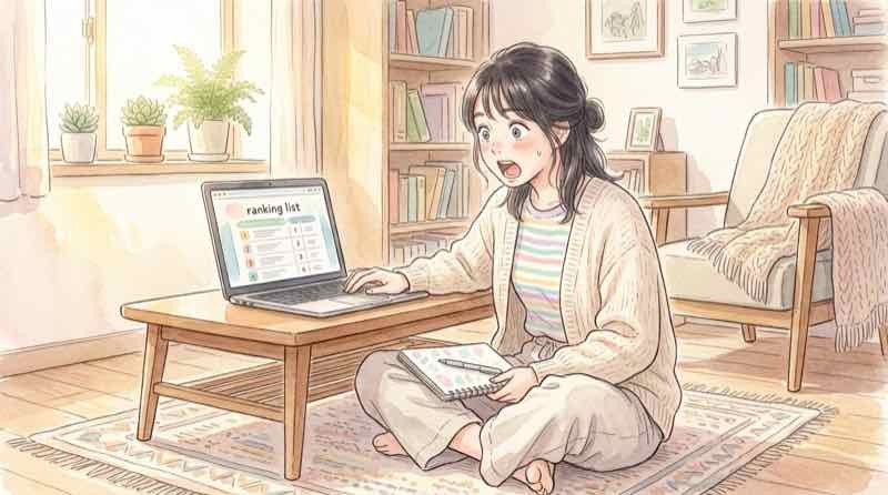 WT100中間順位表を眺めて驚く女性の様子