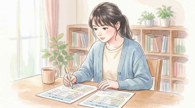 前回と今回の順位を見比べてノートにまとめる女性