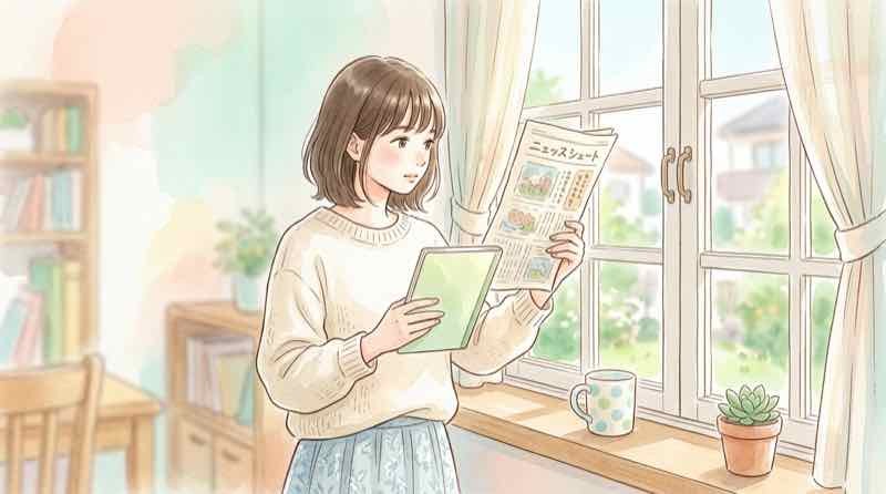 草間彌生さん死去で公式発表と報道記事を見比べてノートに整理する女性