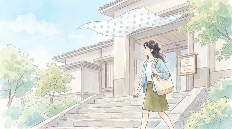 草間彌生さん追悼で美術館へ向かう女性、完全予約制の入口と水玉のオブジェ