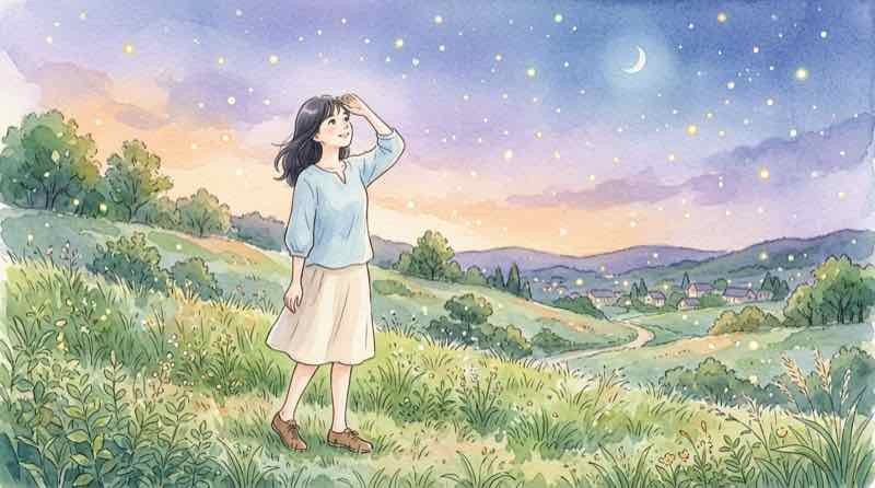 草間彌生さんが遺したメッセージを胸に空を見上げる女性と水玉の光