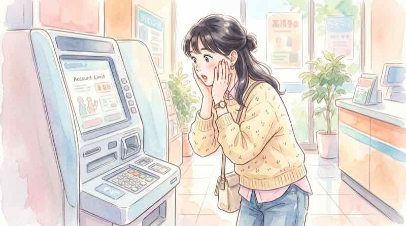 ゆうちょATMで50万円以上おろす方法に悩み通帳とキャッシュカードを手に考える女性