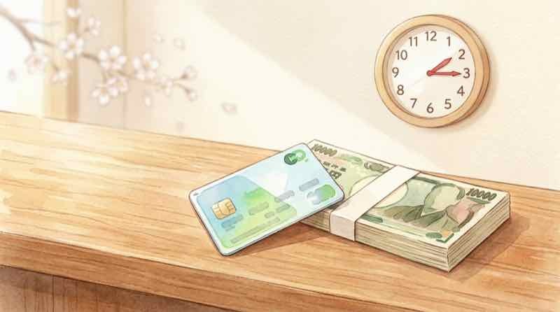 ゆうちょ ATM 限度額をATMの前で財布を開いて確認する30代女性のイラスト