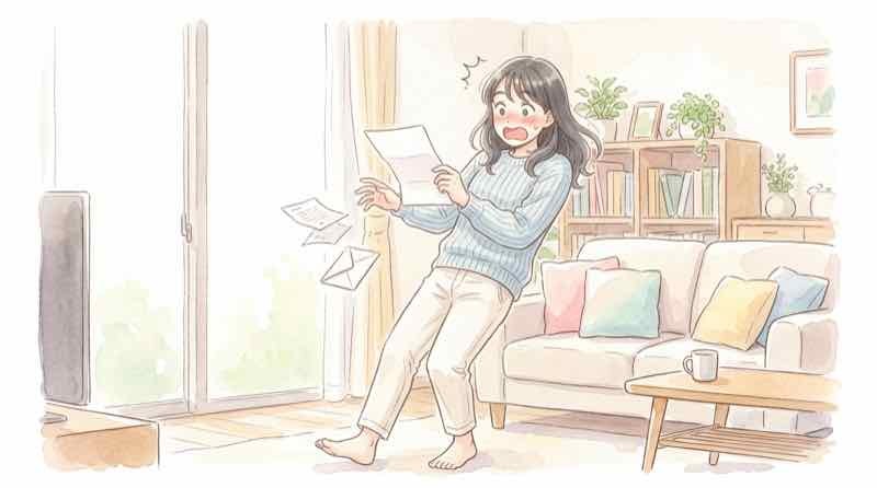 ゆうちょ ATM 限度額変更のお知らせ書類を手に取り驚く女性のイラスト