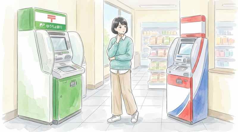 ゆうちょ ATM 1回 いくらまで出せるか郵便局とコンビニのATMを見比べる女性のイラスト
