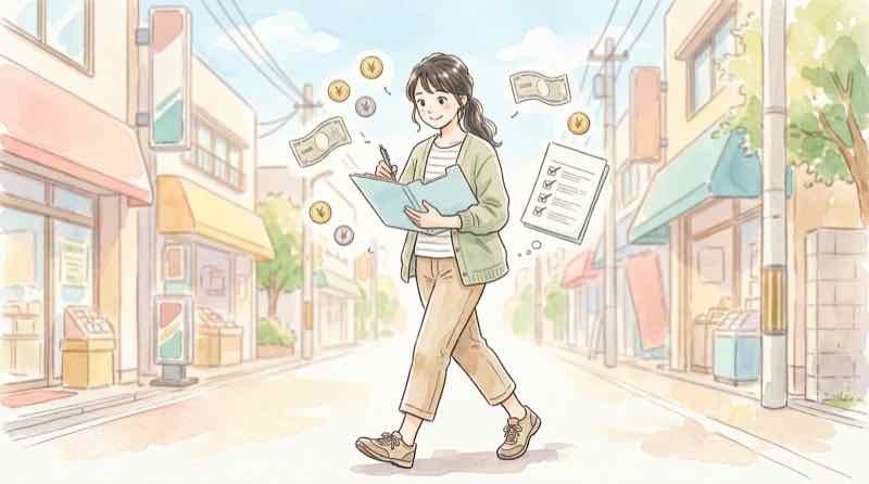 ゆうちょ ATM 50万円や100万円を金額別にどう下ろすか計画を立てる女性のイラスト