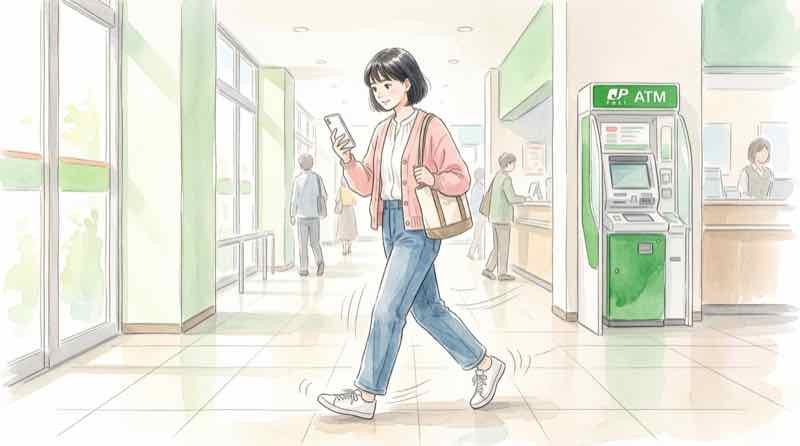 ゆうちょ ATM 生体認証をスマホの顔認証で行いATMへ向かう女性のイラスト