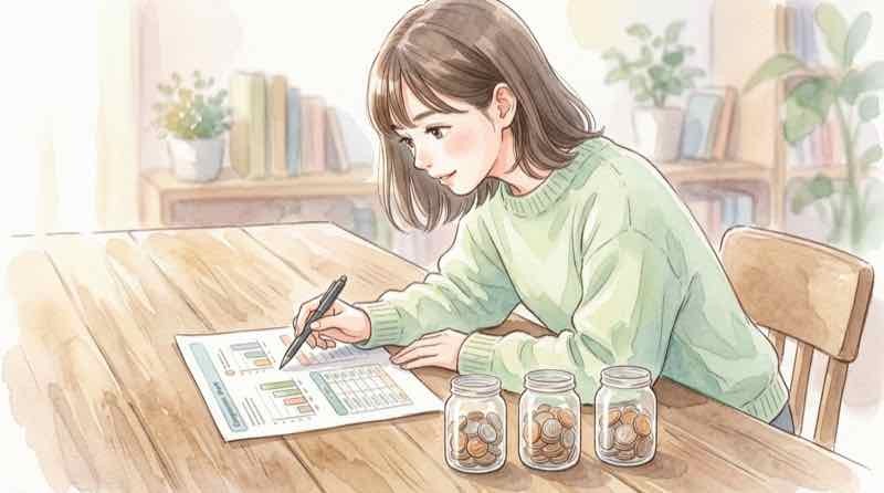 ゆうちょ通常貯金に100万・500万・1000万円を預けた利息の早見表を見る女性