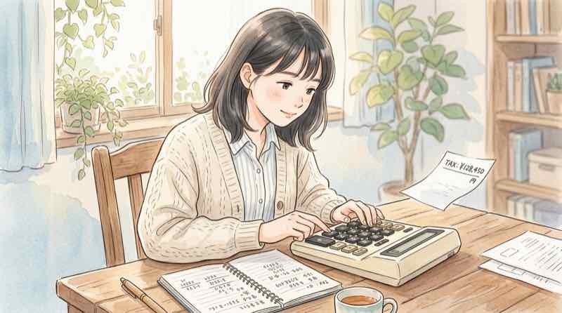 ゆうちょの利息にかかる税金20.315%を計算する女性の手元と電卓