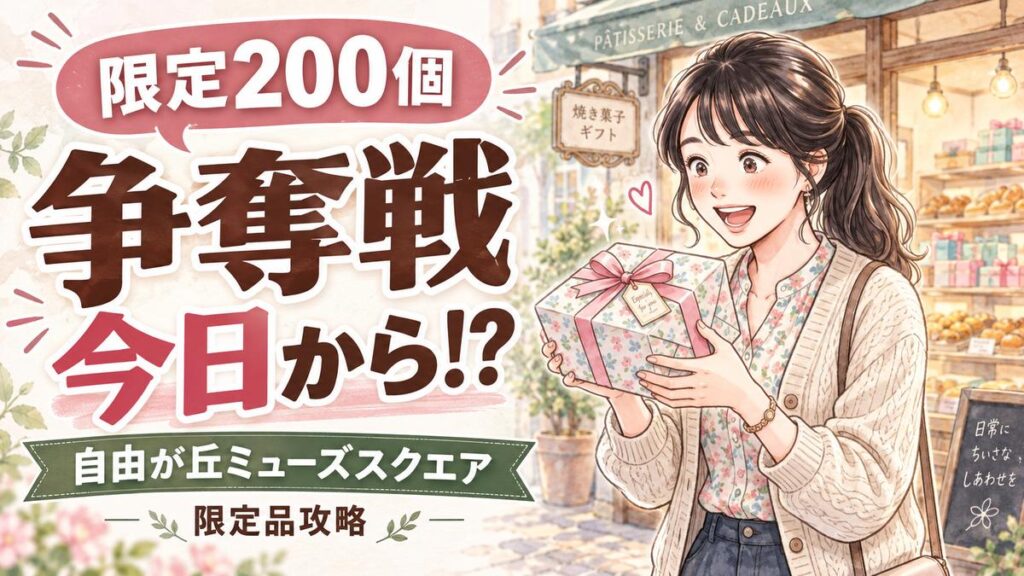 自由が丘ミューズスクエアの限定品を手に入れて喜ぶ女性のイラスト