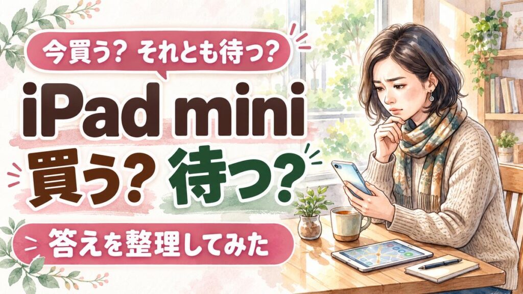 iPad mini 今買うべきか迷って考える女性のイラスト、スマートフォンを前に思案する様子