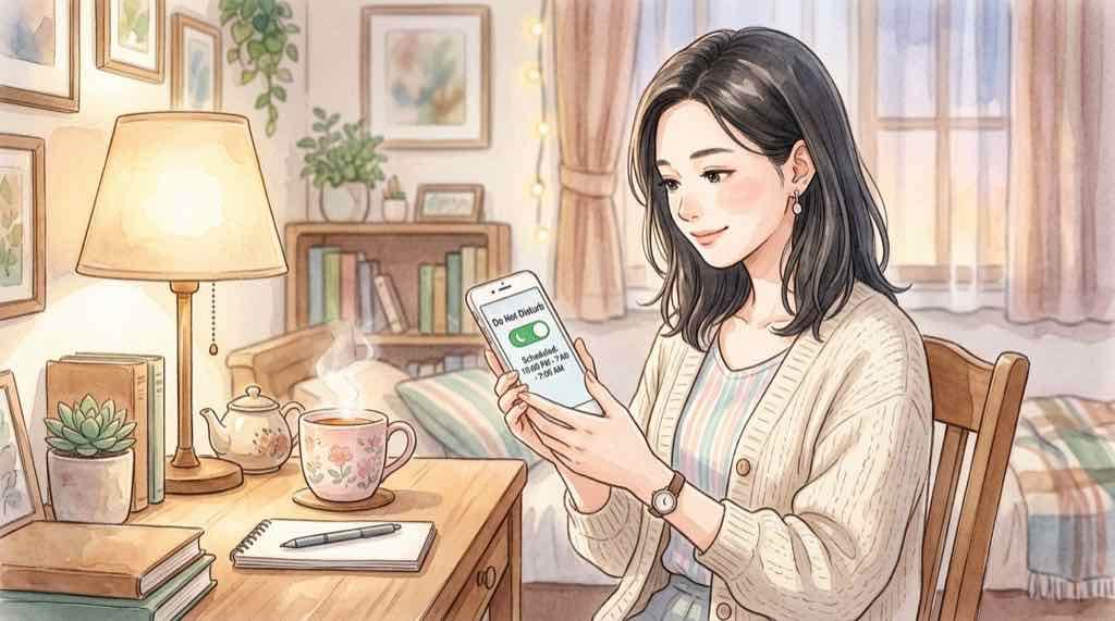 スマートフォンのDNDモード通知オフ設定を示すイラスト