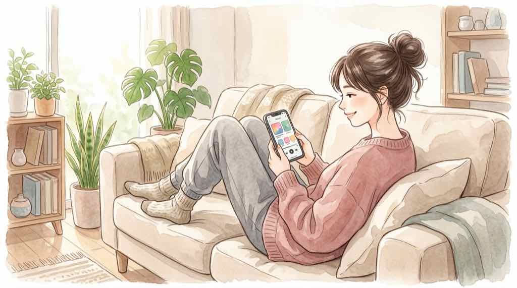 スマートフォンで音楽配信サービスからDND feat KUROMIを検索する女性のイラスト